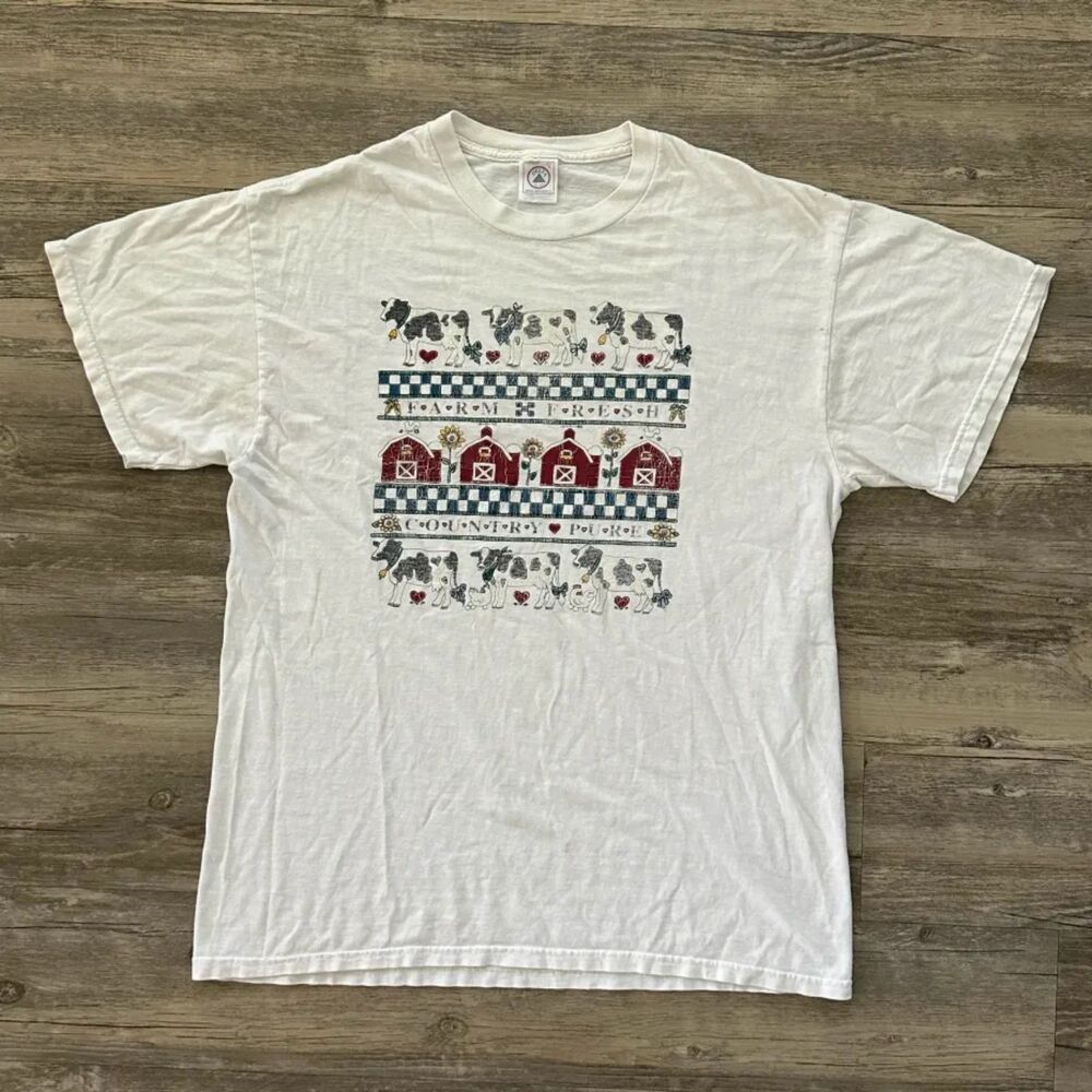 Vintage Barn Farm Animals Cow Art T-Shirt Farm Fresh Country Pure Size L